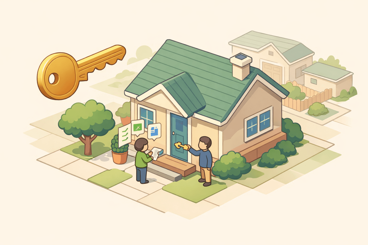 A small house with a key being passed between two people, symbolizing the transfer of a home loan assumption.