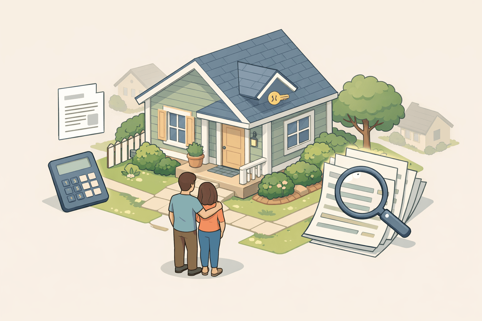 First-time homebuyers reviewing closing cost documents in front of their new home with a calculator nearby