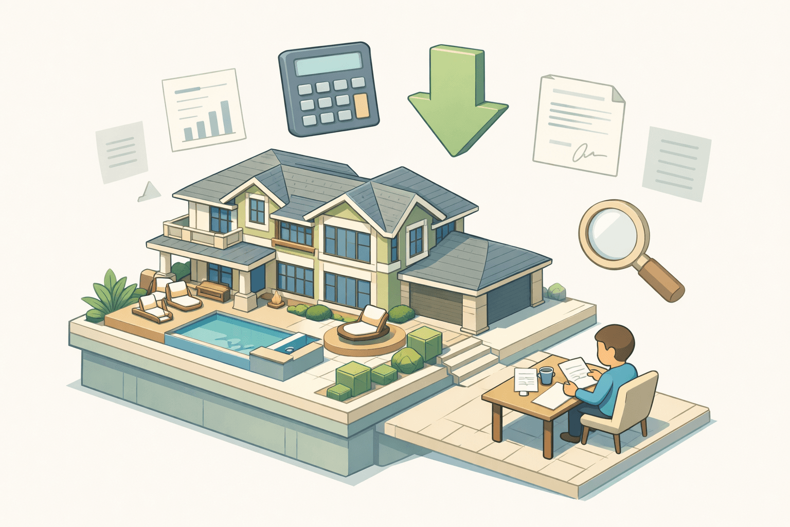 A large luxury home with a person reviewing refinance documents at a desk, with a calculator and rate icons nearby