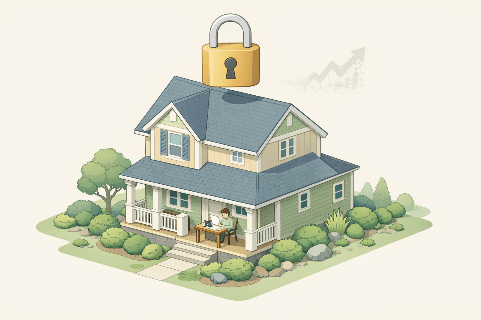 Homeowner reviewing refinance documents outside a house with a lock icon symbolizing a secure fixed mortgage rate