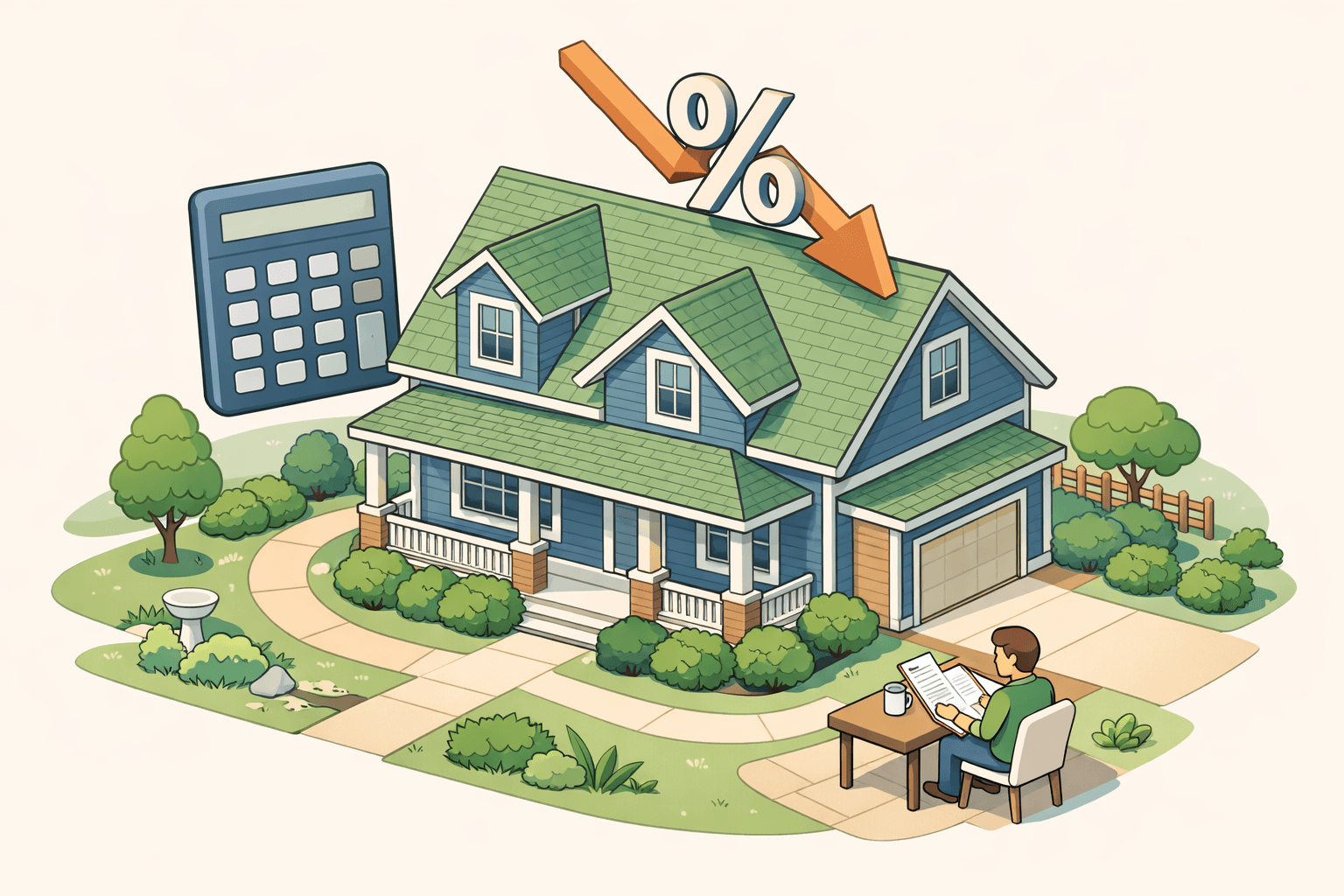 A homeowner reviews refinancing documents beside a calculator icon with a house and a falling interest rate arrow overhead.