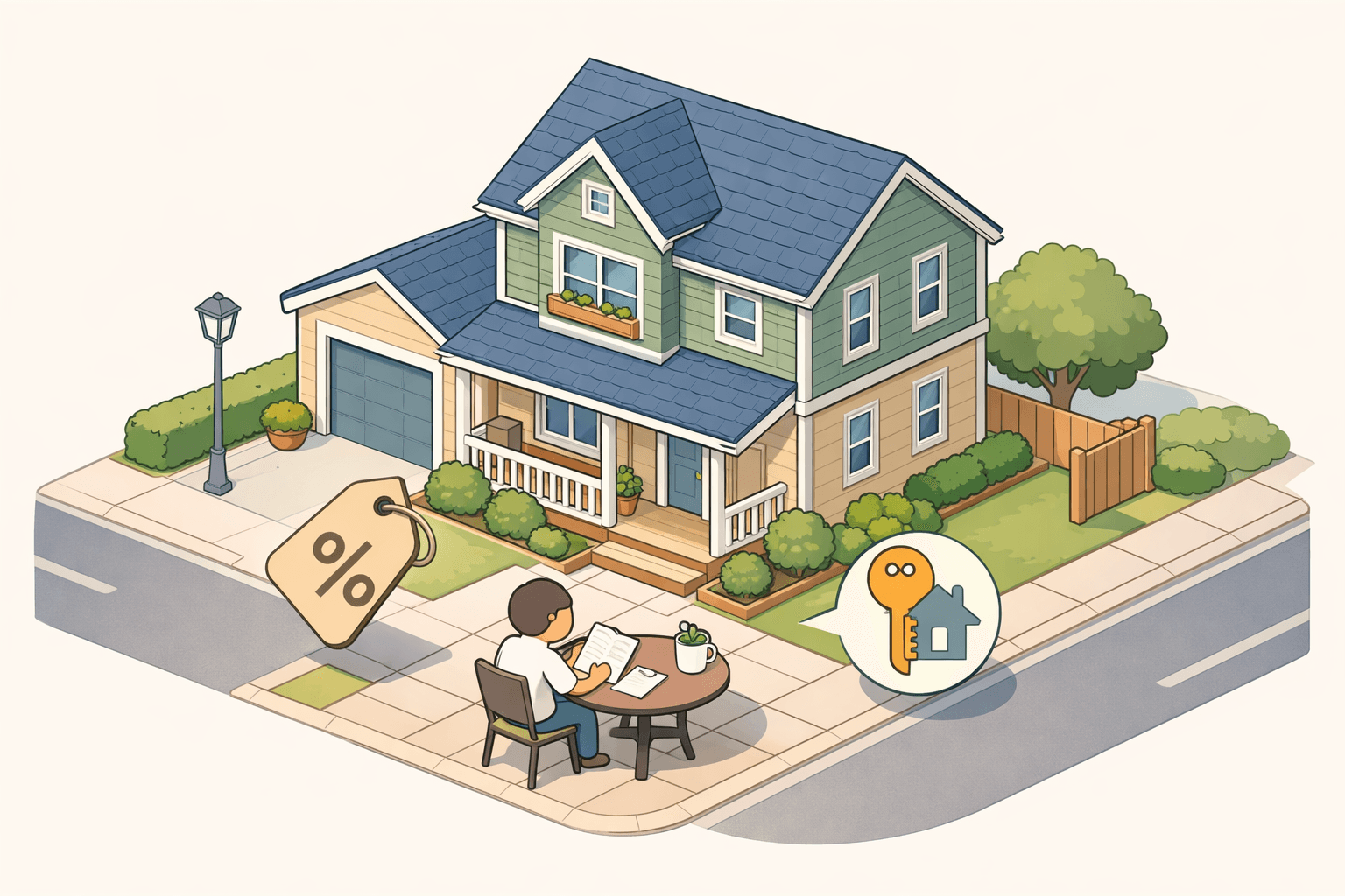 A homeowner reviews mortgage refinancing documents outside a two-story house with floating rate and key icons nearby