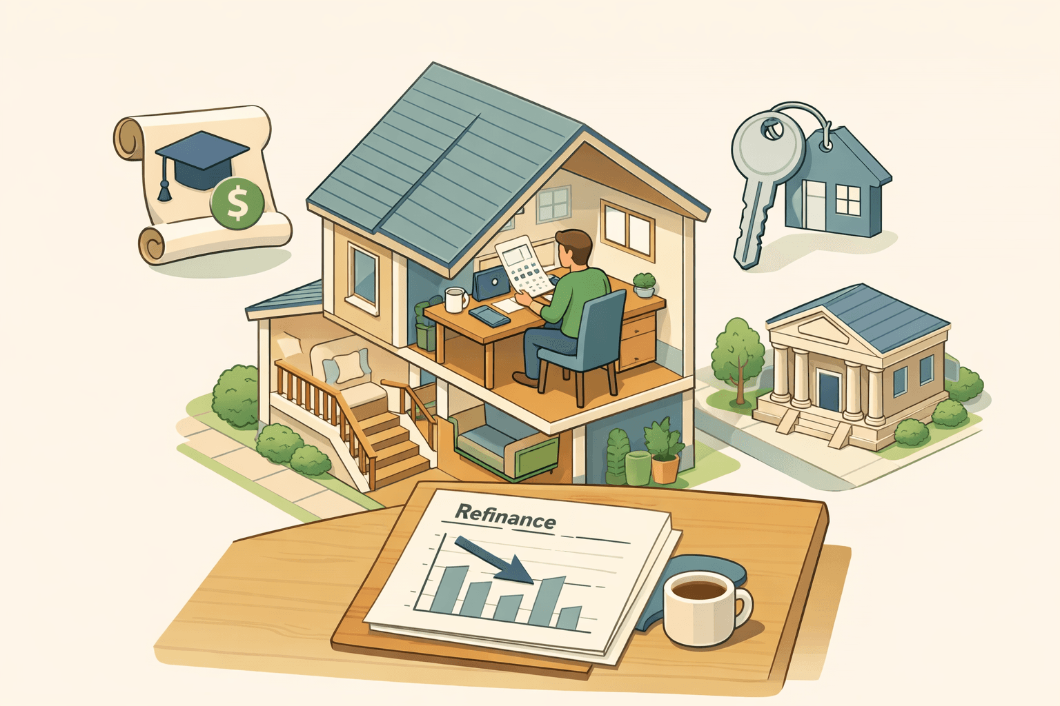 Homeowner reviewing mortgage refinance documents at a desk with student loan paperwork and a house key nearby
