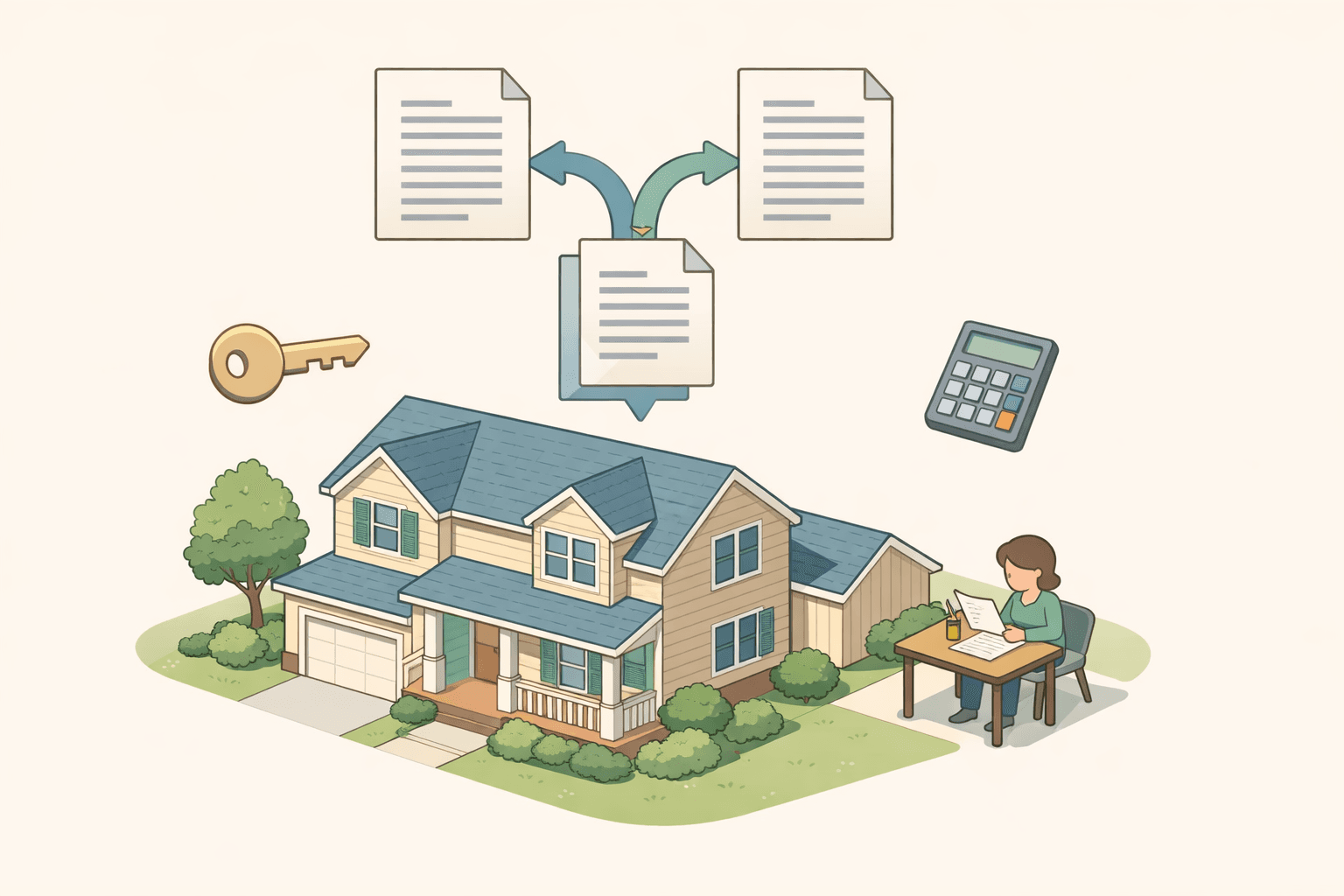 A suburban home with two mortgage document icons merging into one, representing refinancing a conventional loan with a second mortgage.
