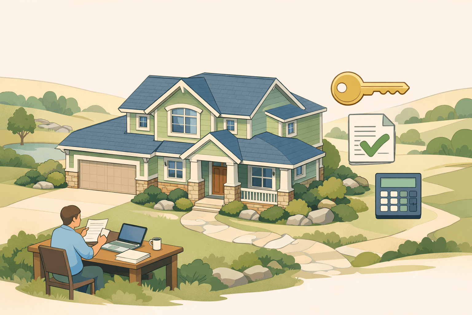 A suburban home with a person reviewing refinance documents at a desk, surrounded by floating icons of a key and calculator