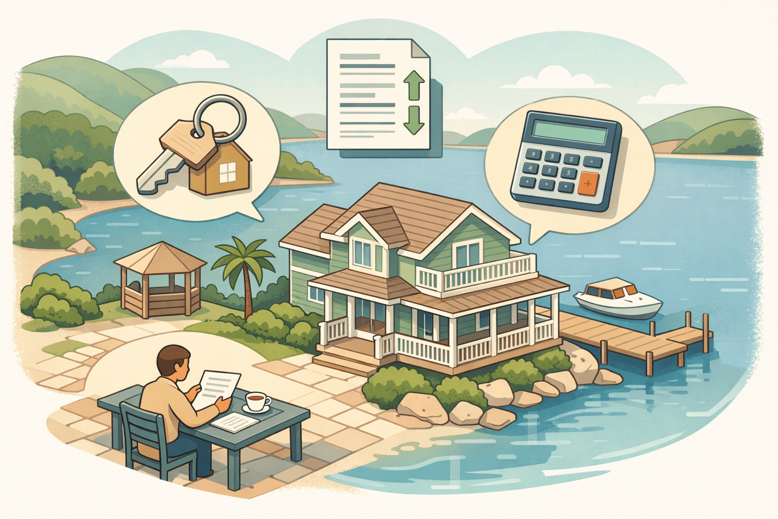 A coastal guesthouse property with a person reviewing mortgage documents at an outdoor table near the water