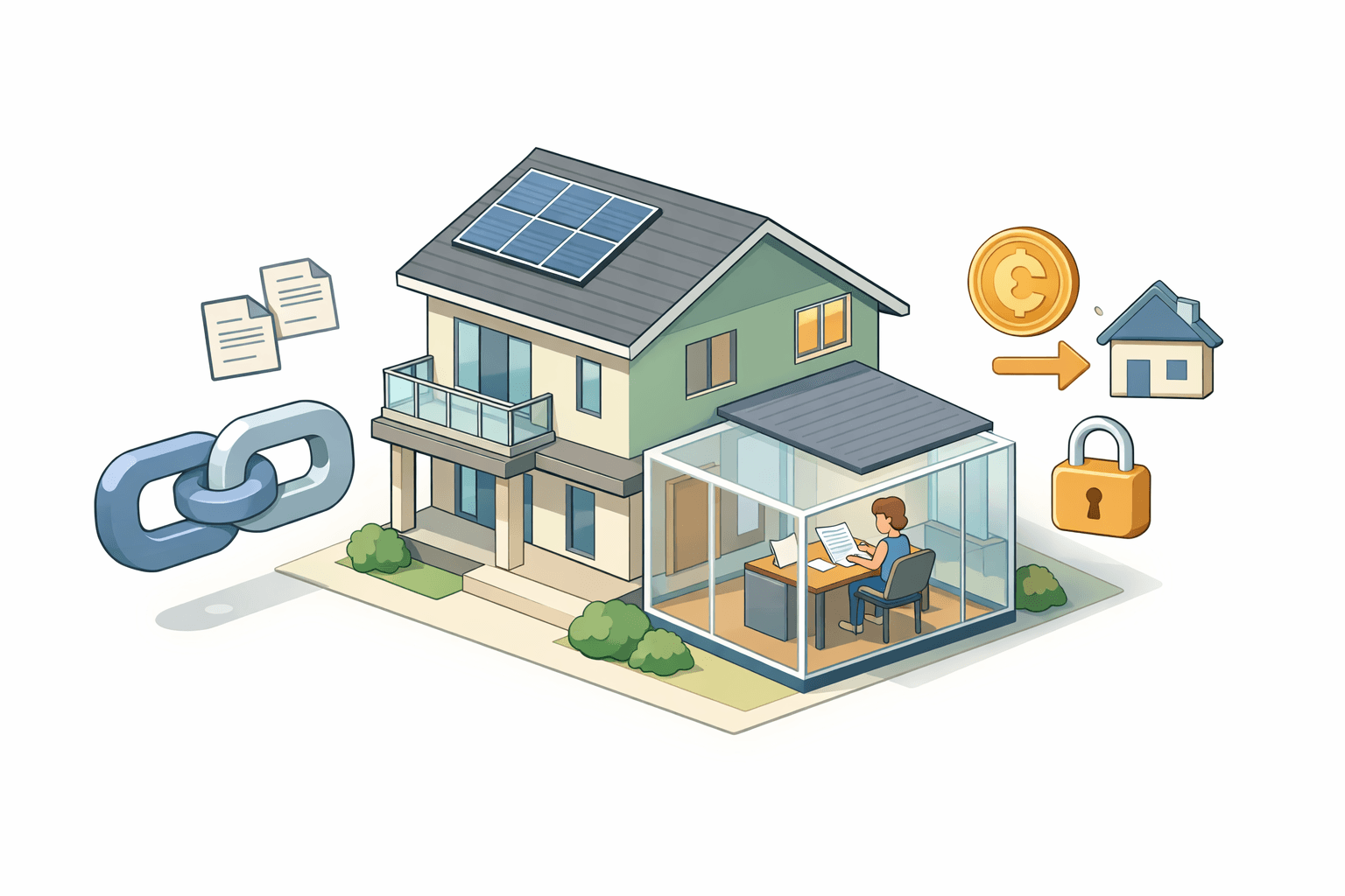 A stylized house with digital asset icons and mortgage documents representing crypto-backed ARM refinancing options