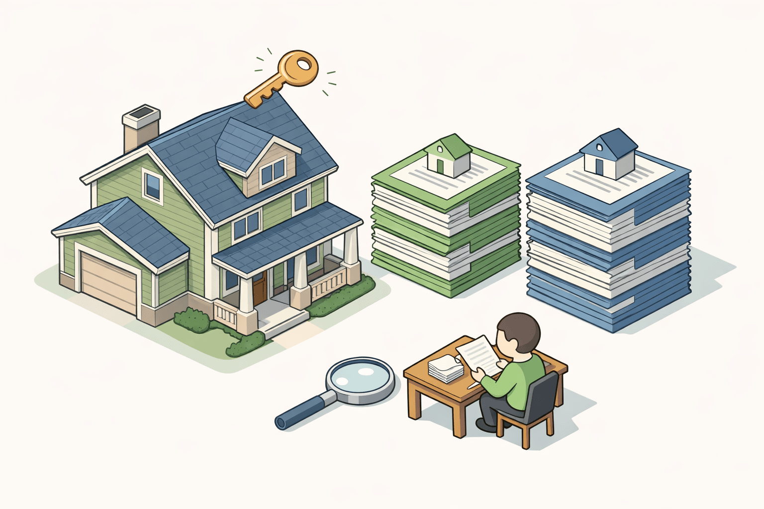 A house with stacked mortgage documents representing an FHA loan refinance alongside an existing second mortgage