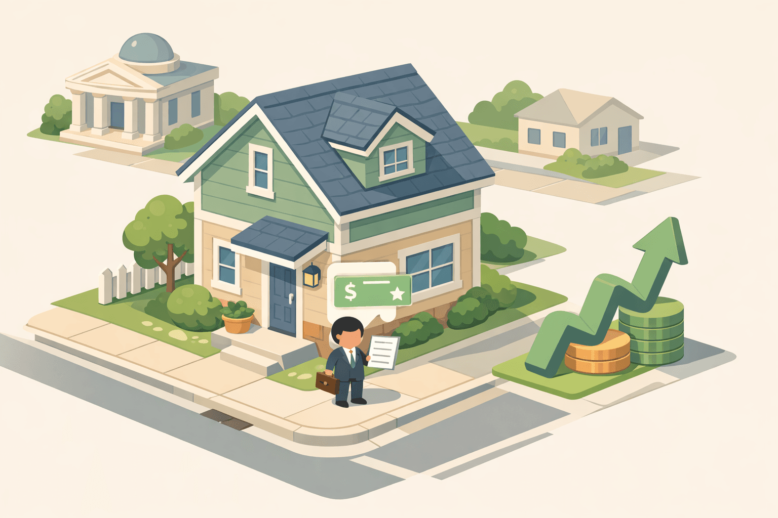 A homeowner reviewing refinance documents near their house after receiving a job promotion and bonus income