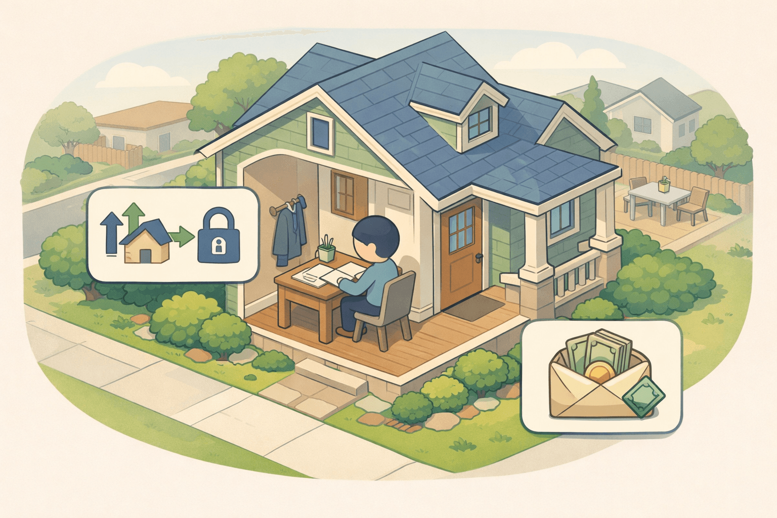 A homeowner reviews refinance documents near their house with icons representing adjustable rates and bonus income.