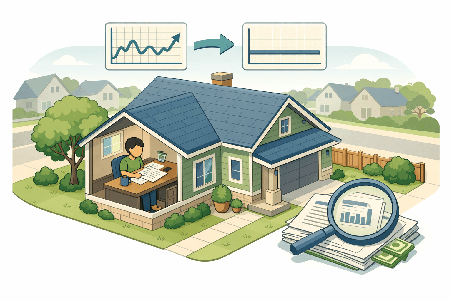 A homeowner reviews refinance documents at a desk inside a suburban house with a mortgage rate transition graphic above the rooftop.