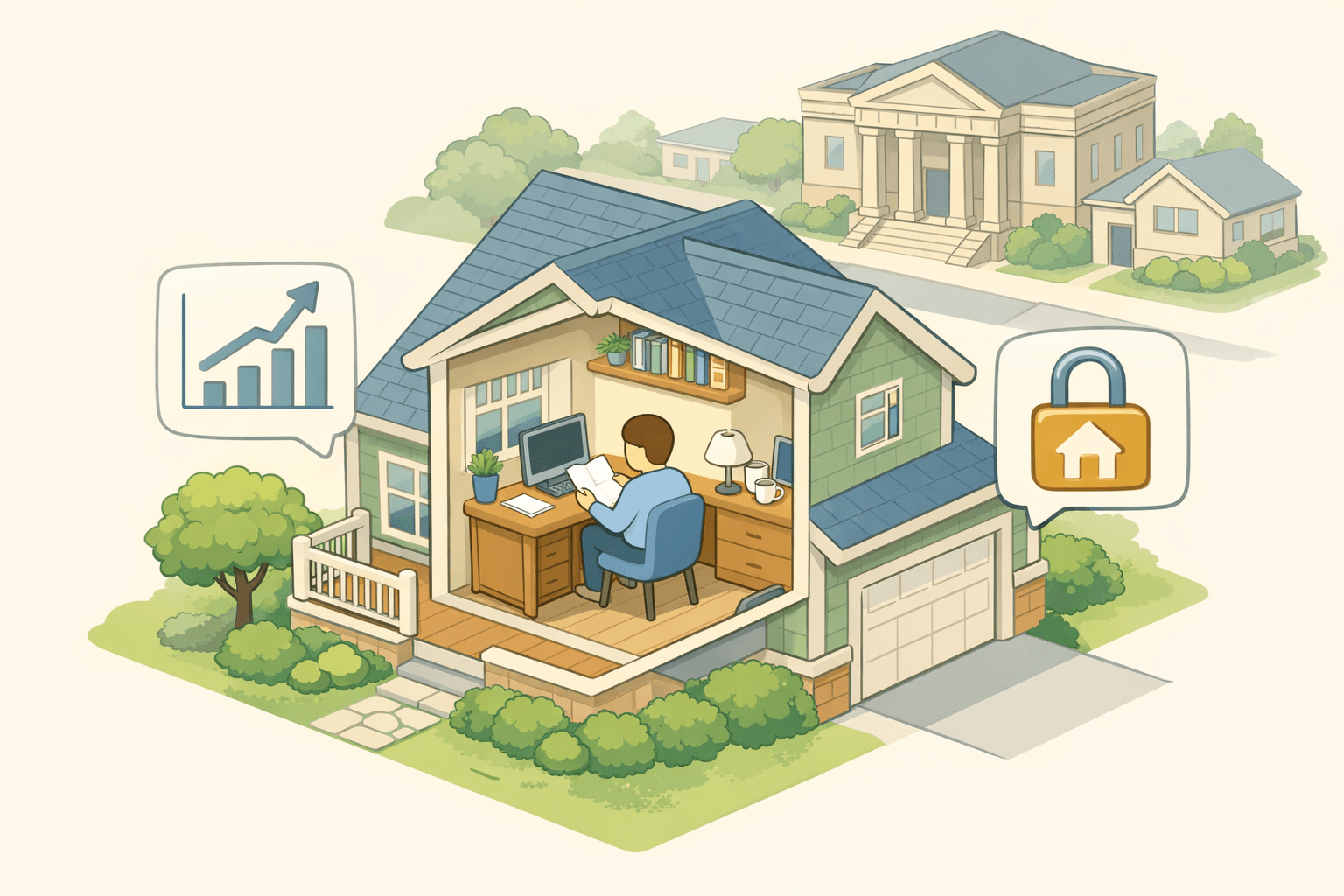 Homeowner reviewing refinance documents at a desk inside a suburban home with a bank building in the background