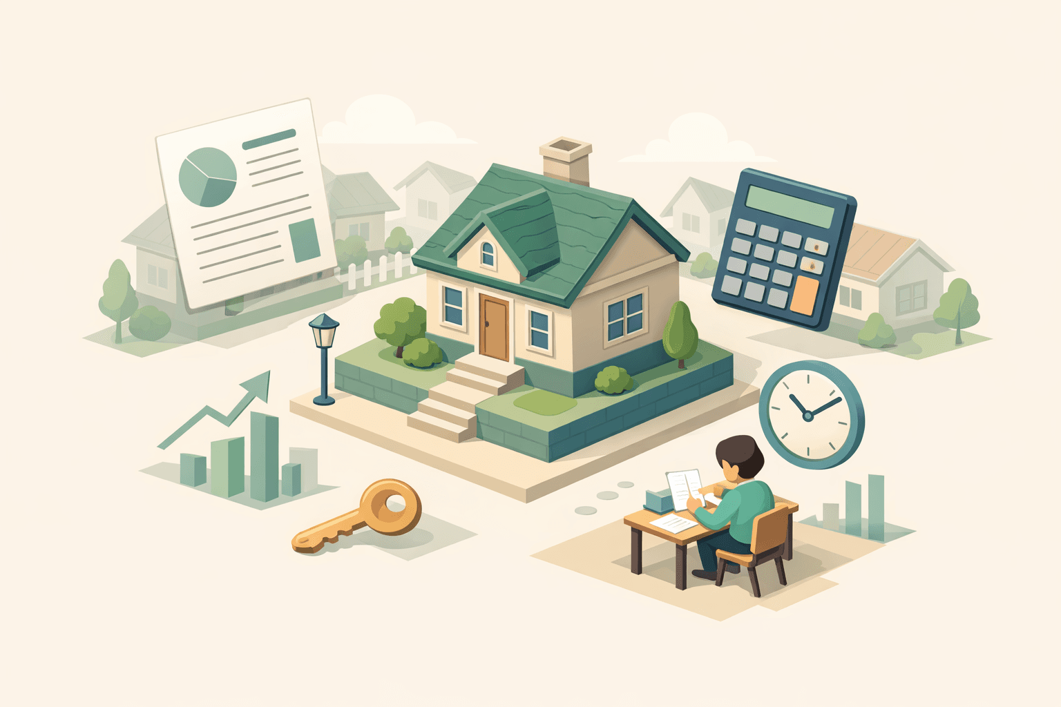 A homeowner reviews refinance documents at a desk beside a house model, with a calculator and clock nearby.