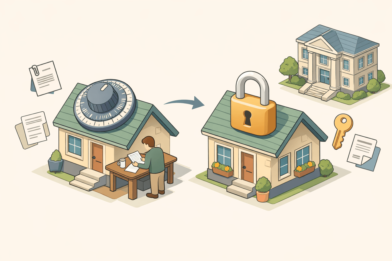 A homeowner reviews refinancing documents at a desk next to a house model with a fixed rate lock icon overhead