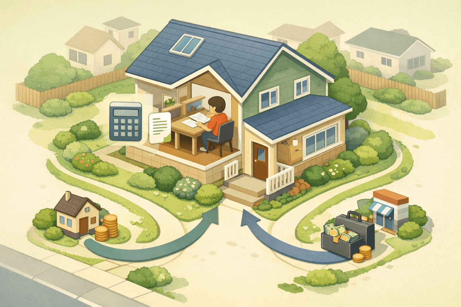 A homeowner reviews refinance documents at a desk outside a house, with income and calculator icons nearby.