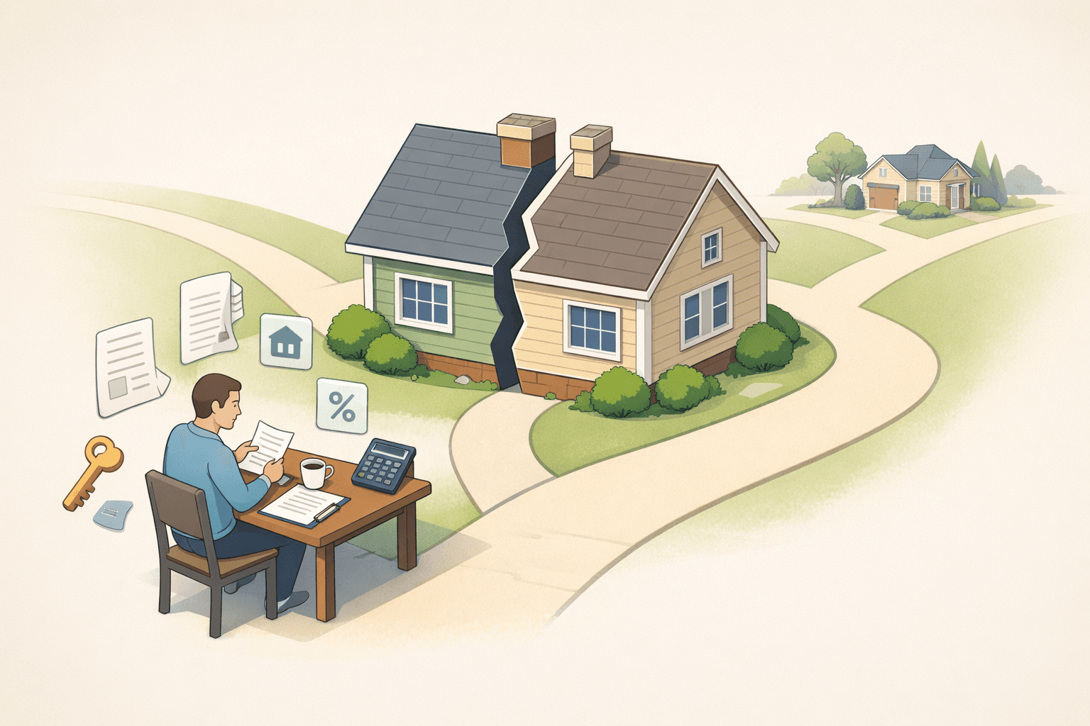 A split house with two separate pathways symbolizing a divorce refinance and shared equity buyout for a home with an ARM mortgage.