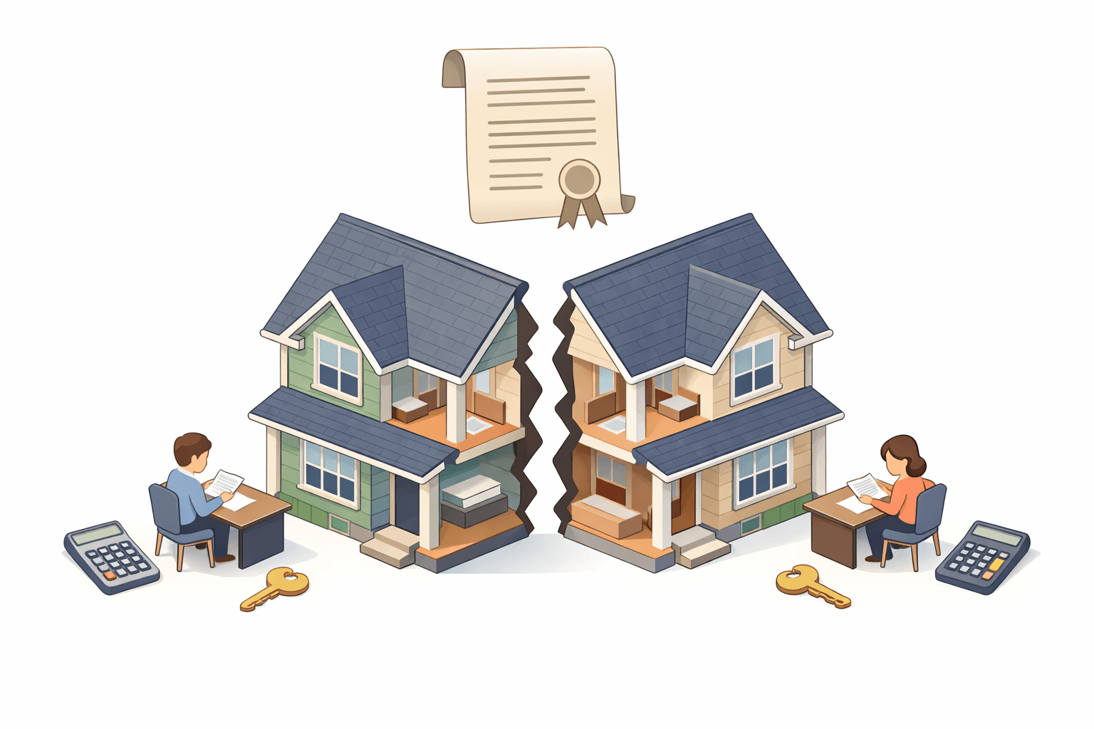 A house divided between two people with mortgage documents and equity symbols representing a post-divorce refinance situation