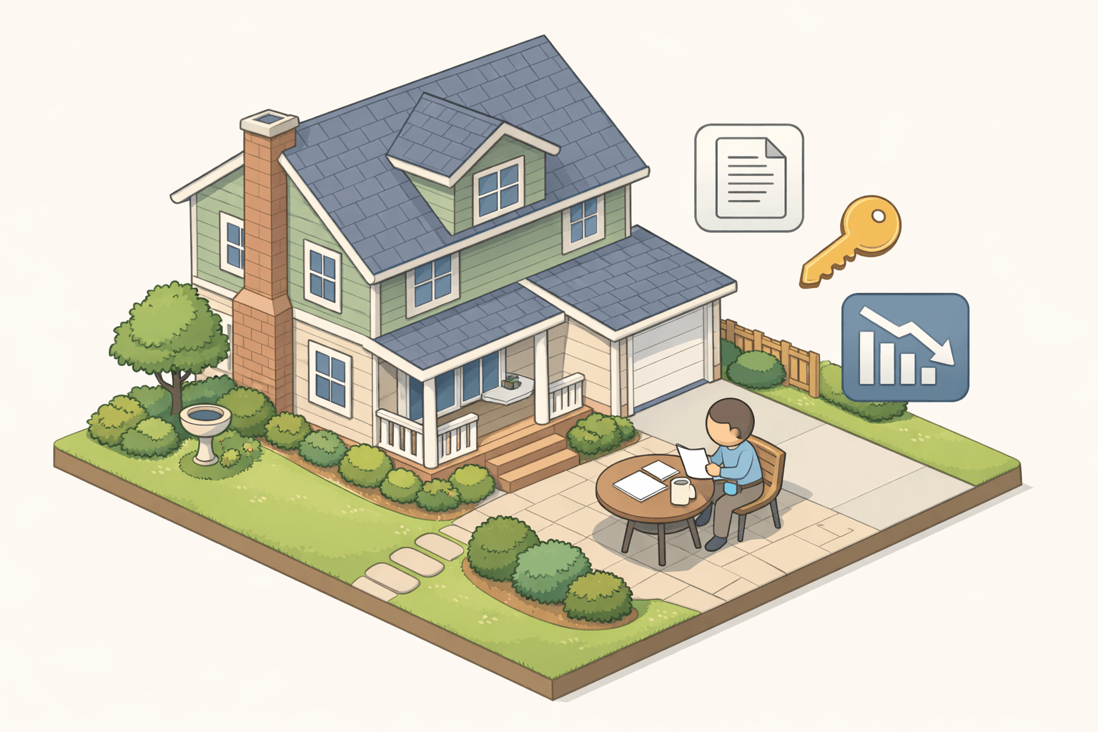 A homeowner reviews refinance documents outside a suburban house with a key and rate chart nearby