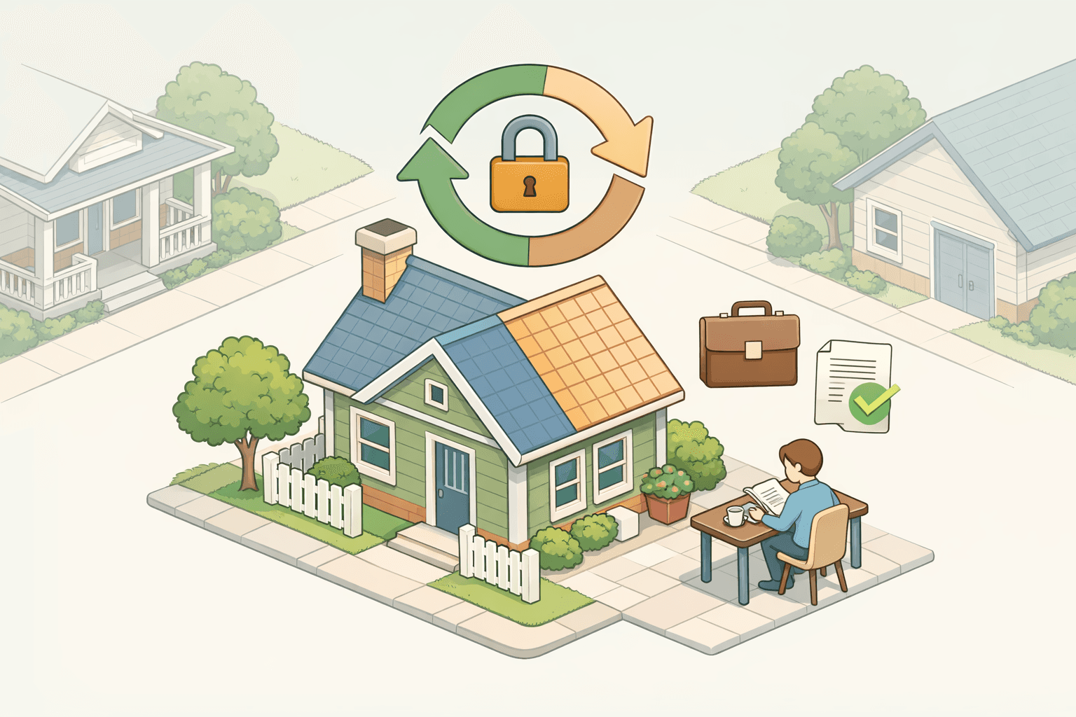 A homeowner reviews refinancing documents at a desk beside a house model, representing an ARM refinance after a job change.