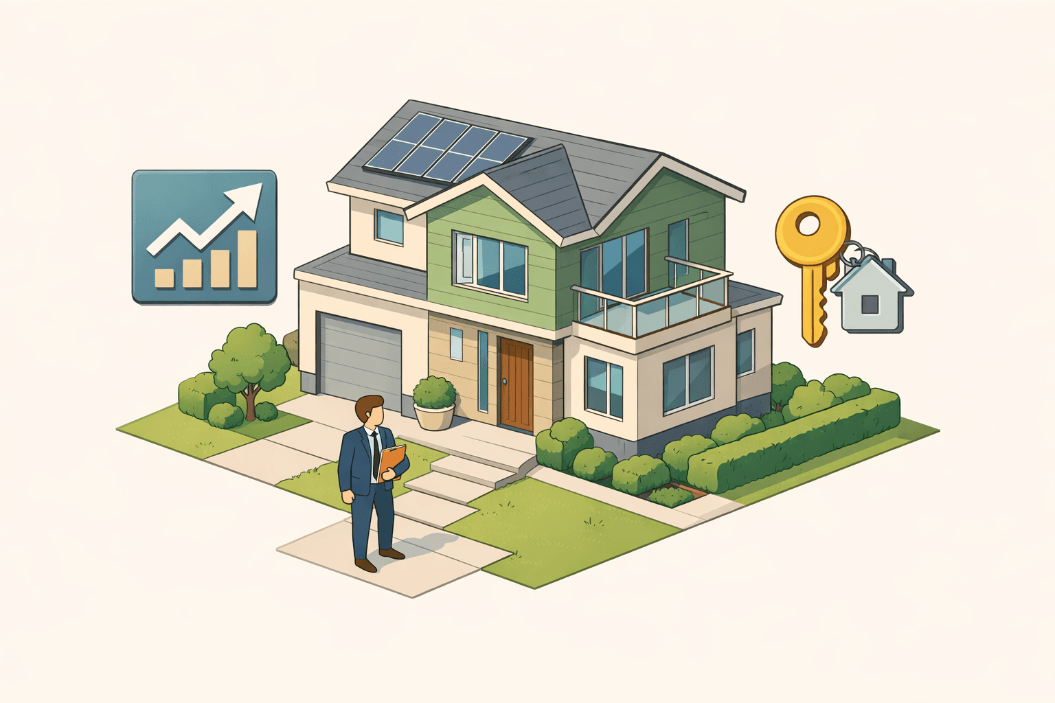 A homeowner reviews refinancing documents outside their house after receiving a job promotion and bonus