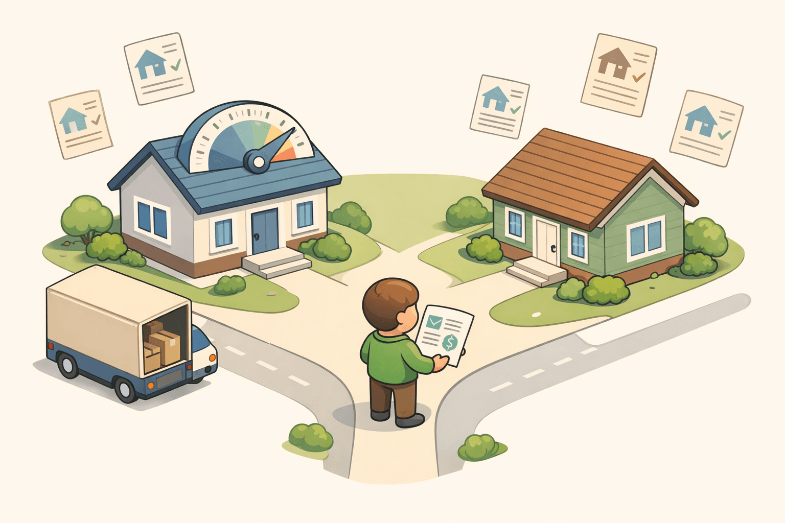 A homeowner reviewing refinance documents after a job relocation with a bonus check and two house models on a desk