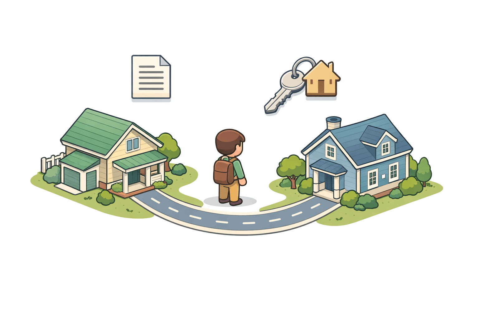A person standing between two homes in different neighborhoods with a document and key icon, representing ARM refinancing after job relocation