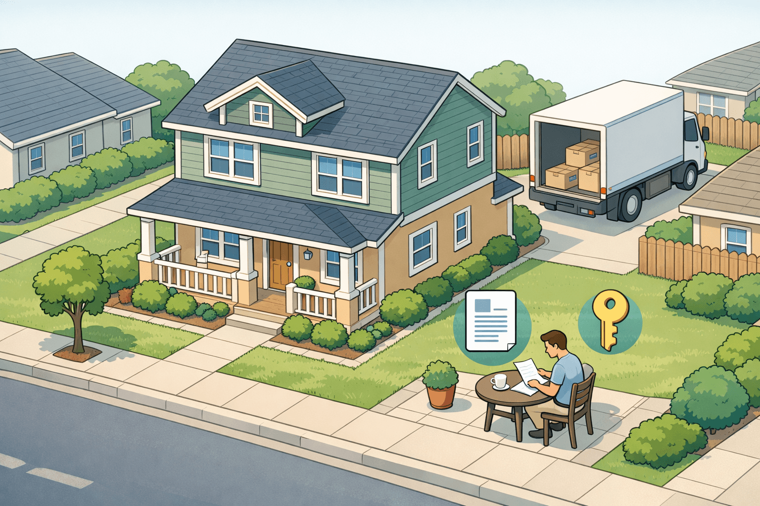 A homeowner reviews refinance documents outside a suburban home with a moving truck in the background suggesting a recent relocation.