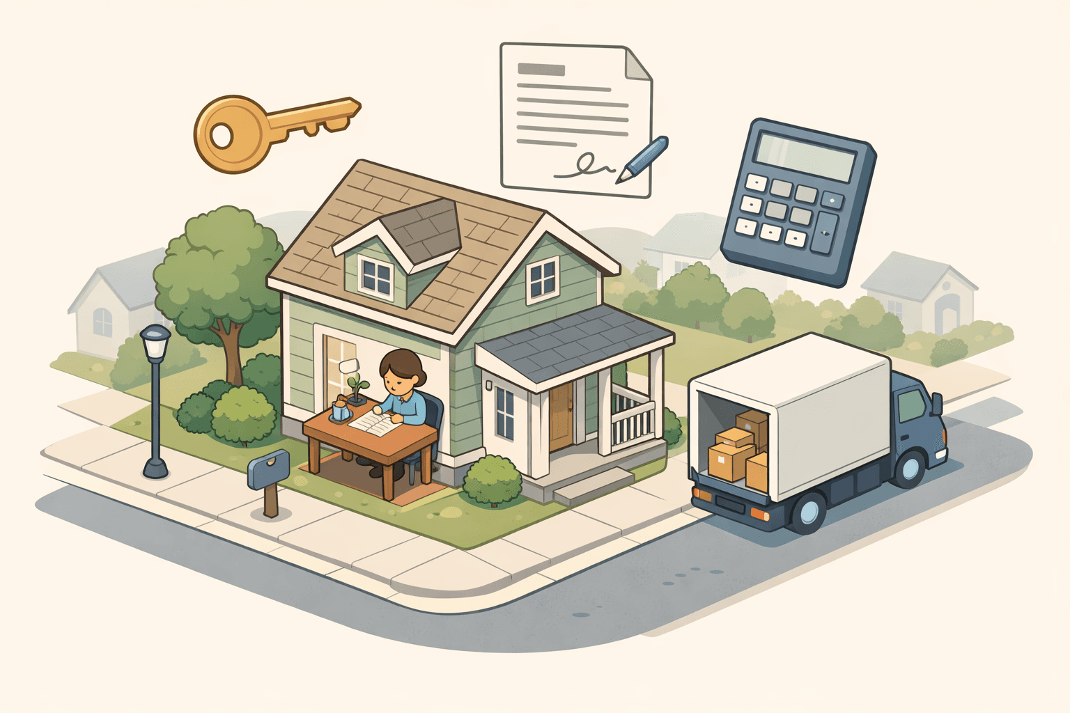 A house with a moving truck outside and a person reviewing mortgage documents, representing refinancing after a job relocation.