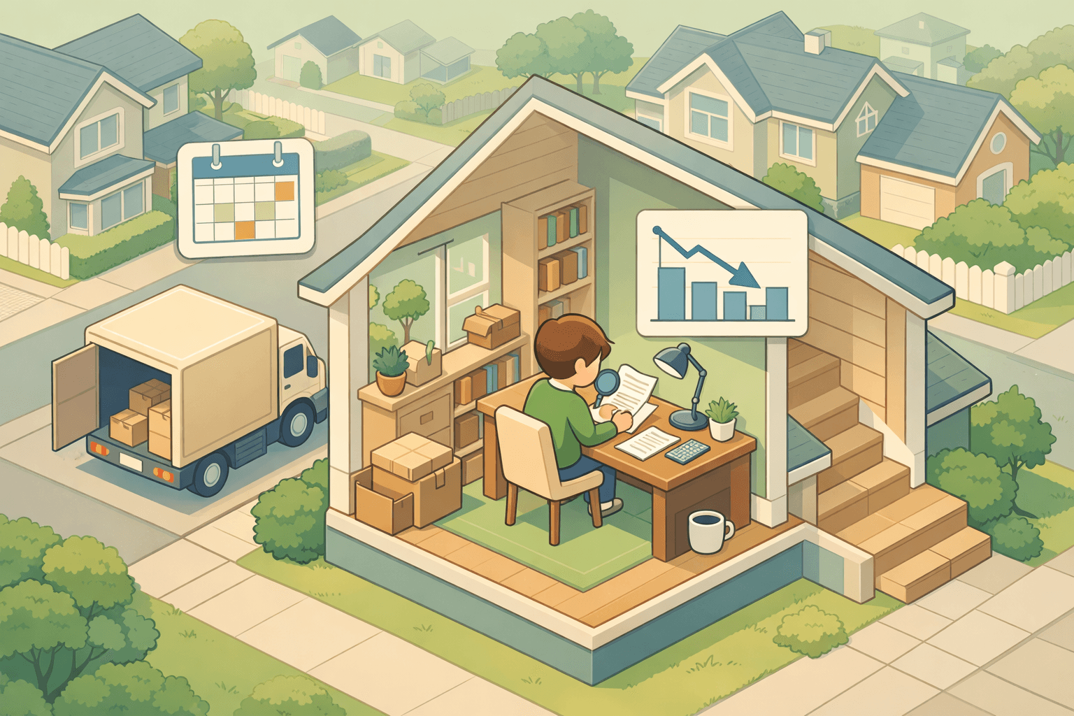 A homeowner reviewing refinancing documents at a desk inside a house with a moving truck visible outside