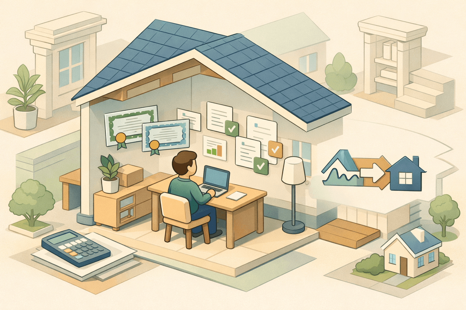 Homeowner reviewing mortgage refinance documents at a desk inside a modern home with stock and financial icons nearby