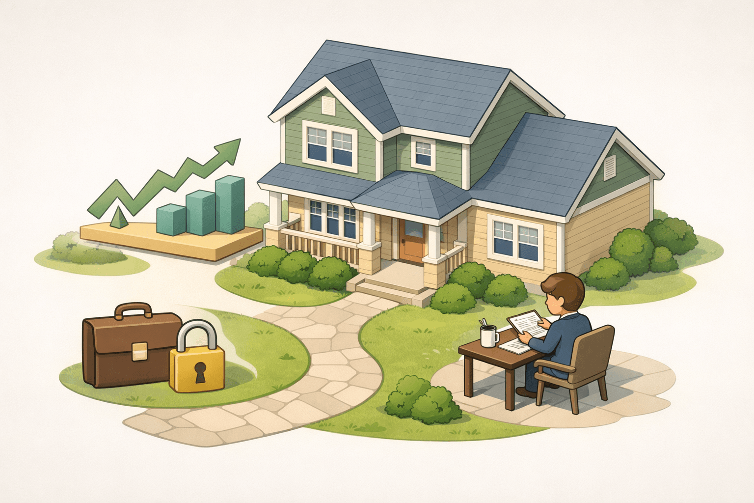 A homeowner reviews refinance documents outside a suburban house with icons representing severance income and a fixed mortgage rate lock.