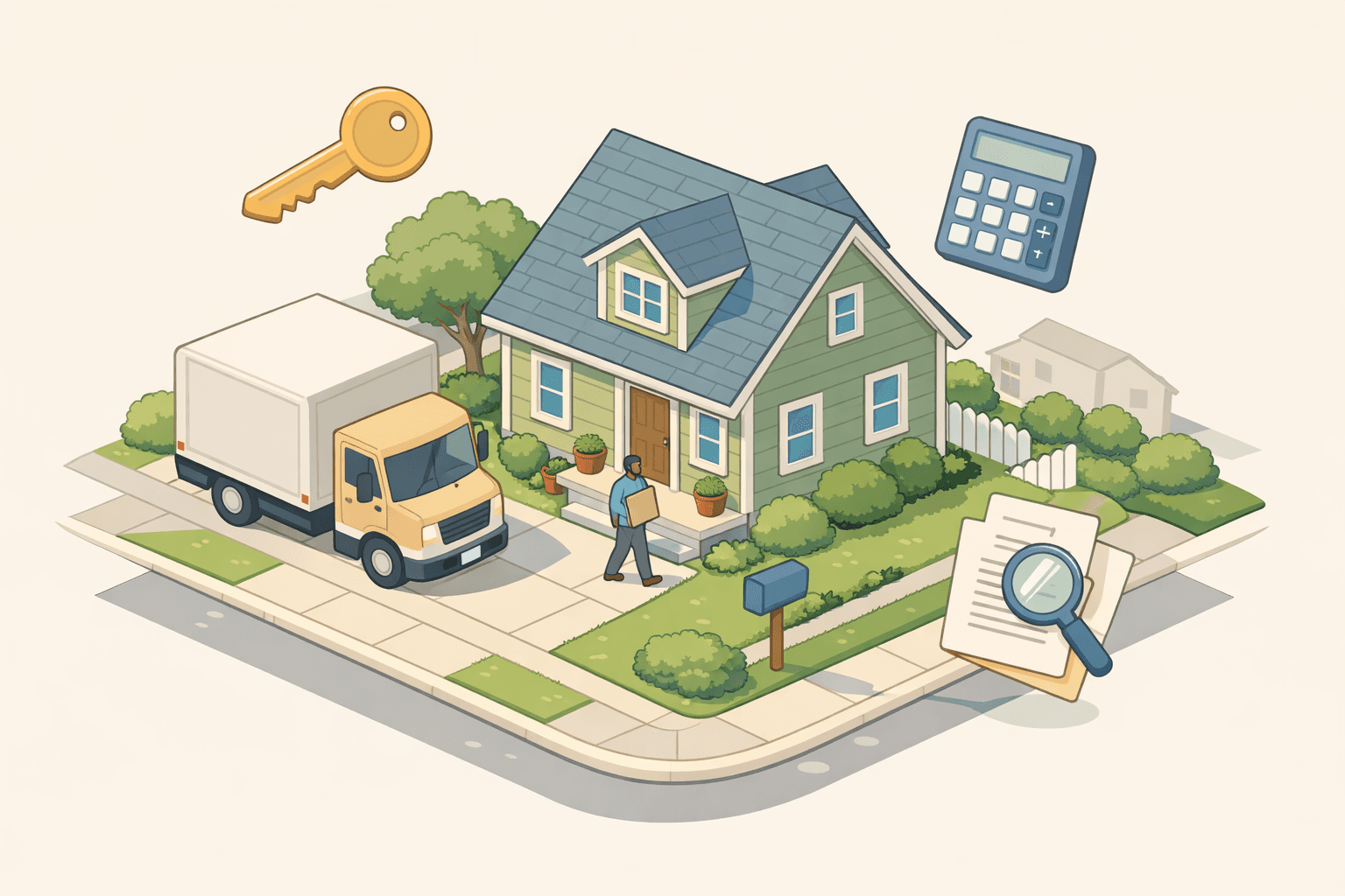 A small house on a residential street with a moving truck outside and floating mortgage document icons nearby
