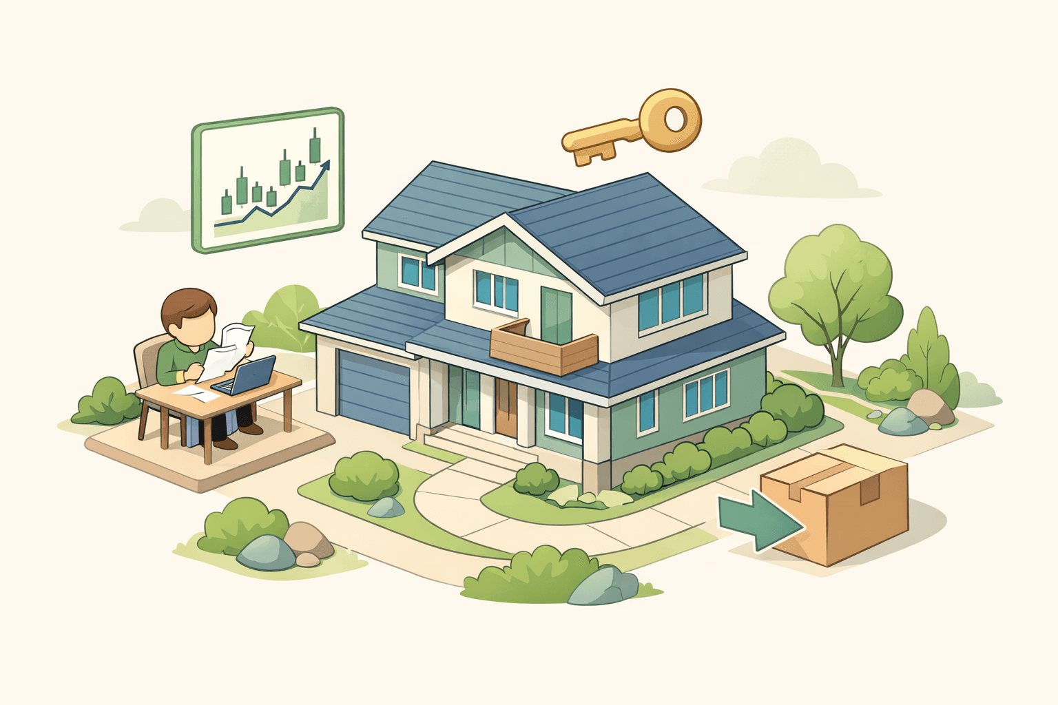 A suburban home with a figure reviewing refinance documents alongside floating stock and relocation icons