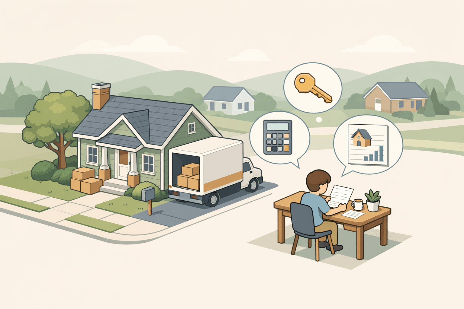 A homeowner reviewing refinance documents beside a moving truck parked in front of a house after relocating for work.