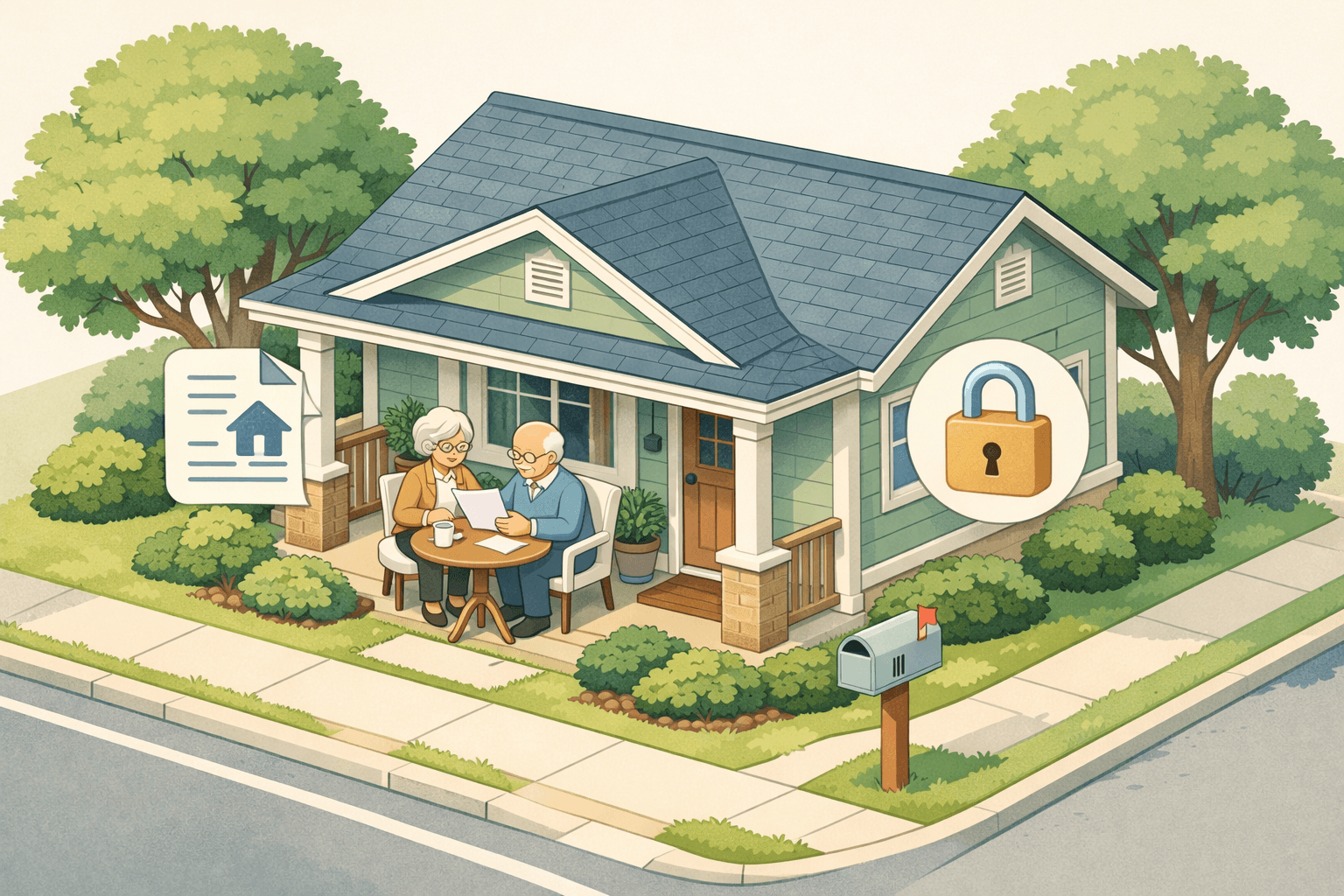 Retired couple reviewing refinance documents outside their home with a locked rate icon nearby