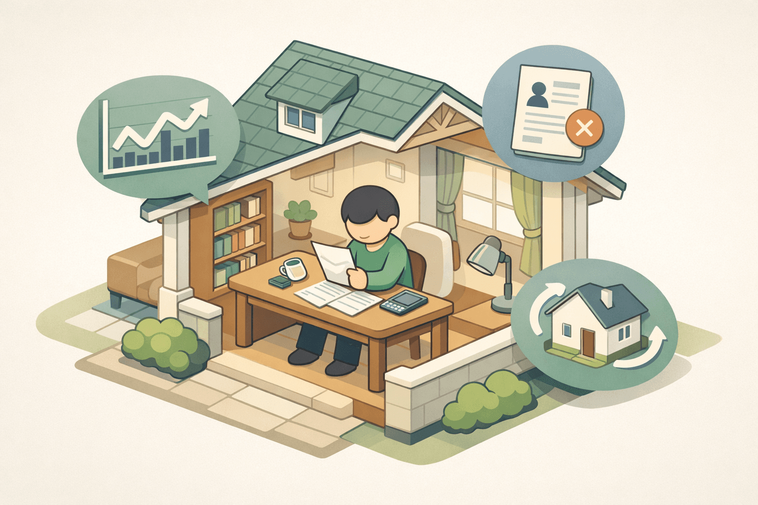 Homeowner reviewing refinancing documents at a desk with stock and severance paperwork nearby