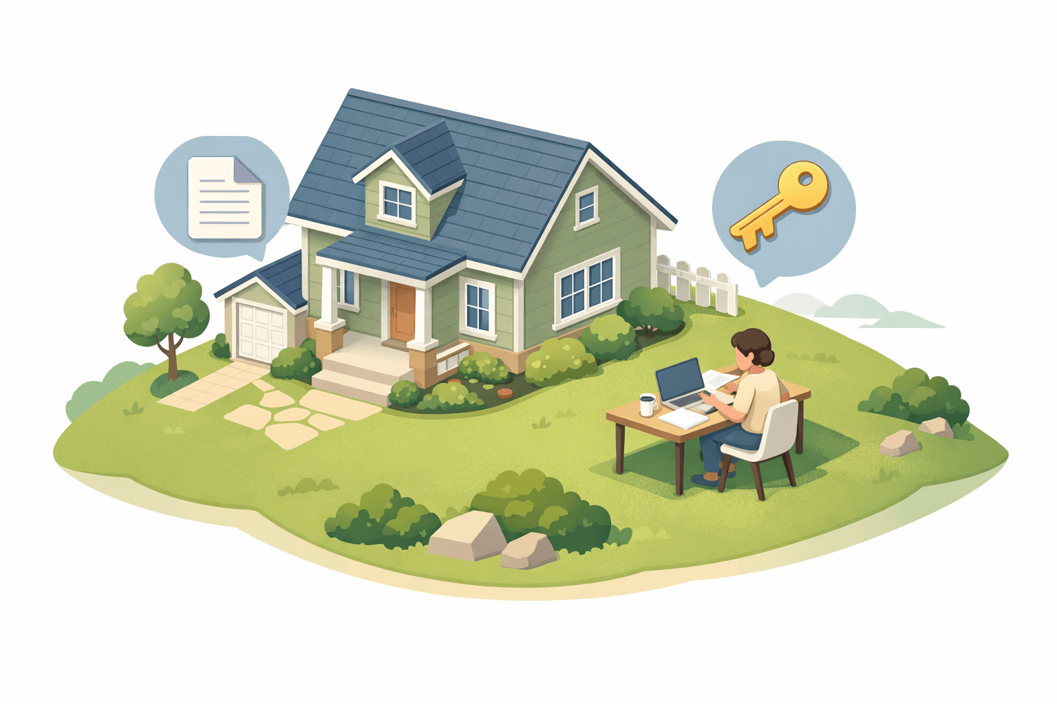 A homeowner reviews refinance documents at a desk outside their house, representing ARM mortgage refinancing with severance income.