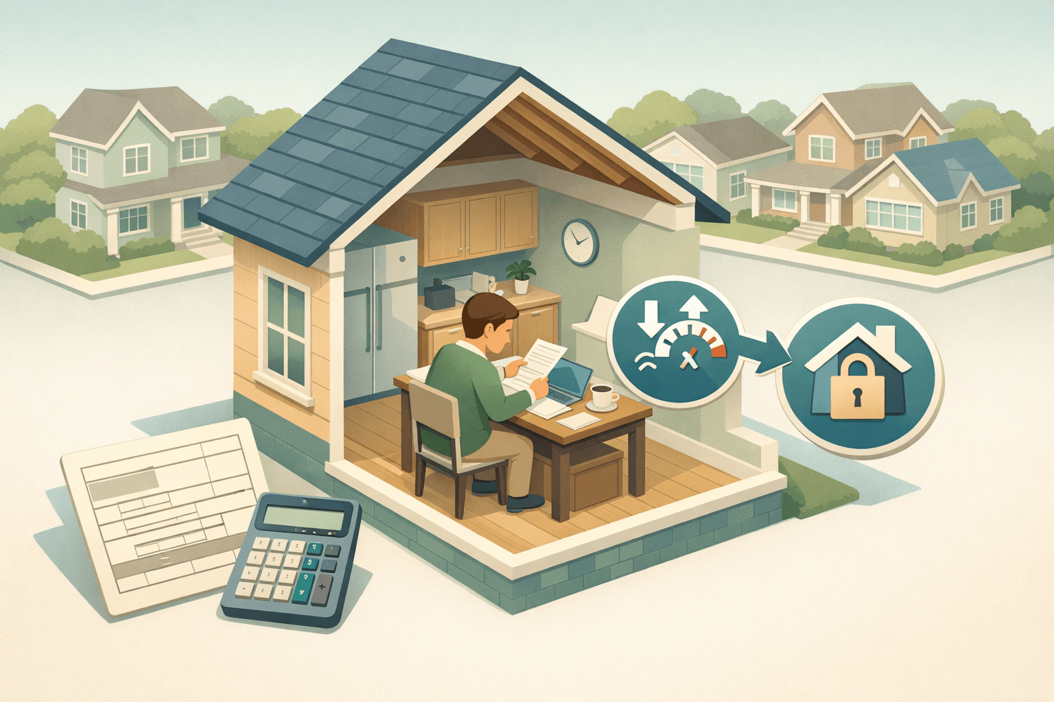 A homeowner reviewing refinance documents at a desk inside a house with mortgage and income icons nearby
