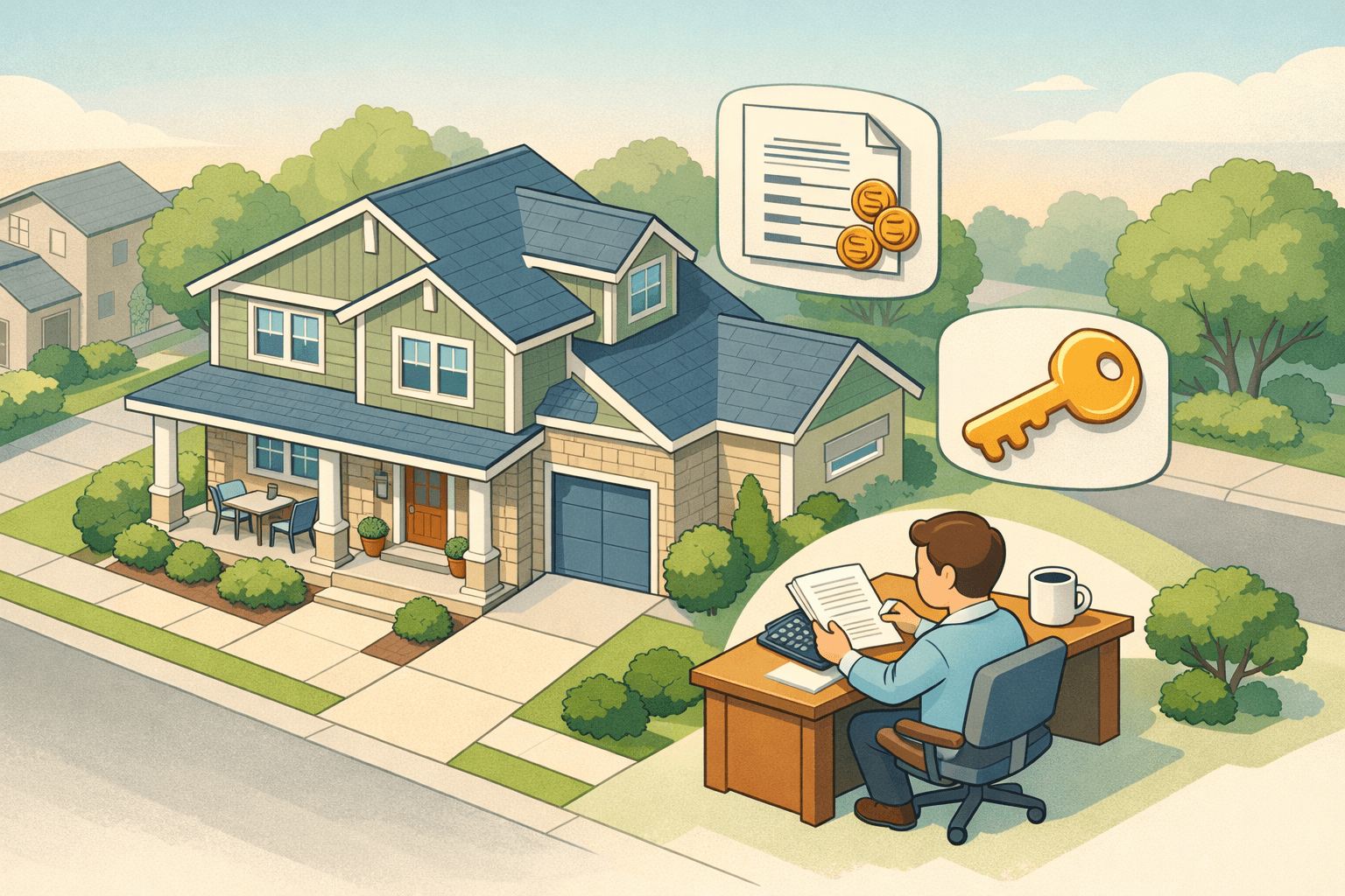 Homeowner reviewing refinance documents at a desk with investment account statements and a house in the background
