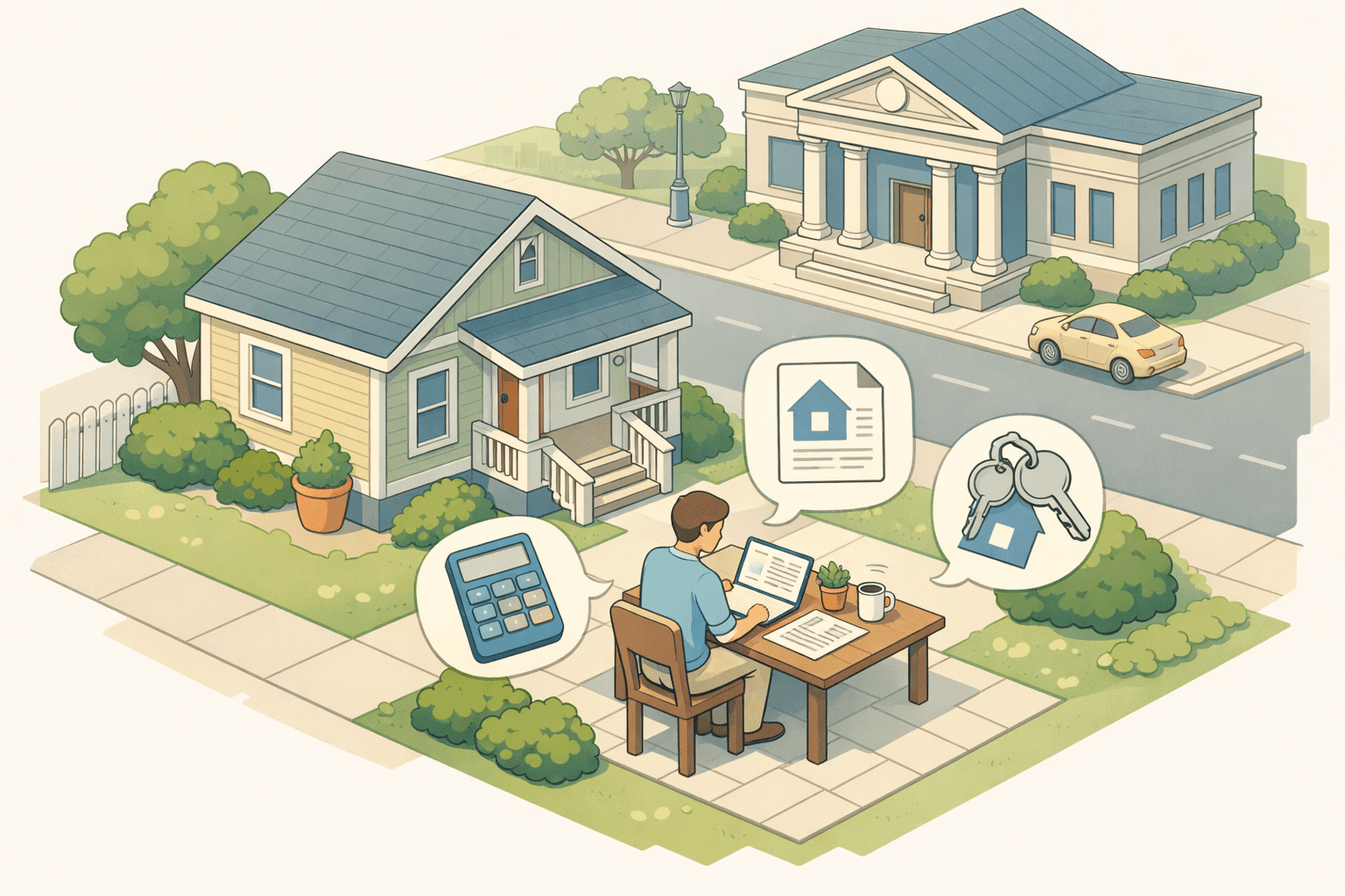 A freelancer reviewing mortgage refinance documents at a desk beside a home with a bank building in the background