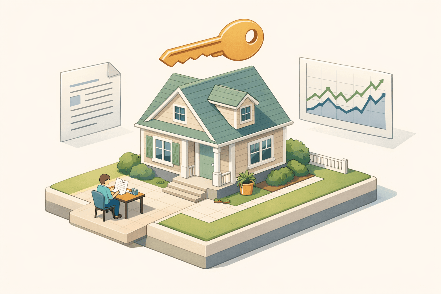 A homeowner reviews refinance documents at a desk beside a house model representing an ARM mortgage transition