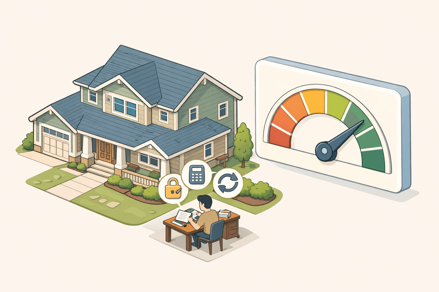 A homeowner reviews refinance documents beside a house with a high equity meter, representing ARM mortgage refinancing options.