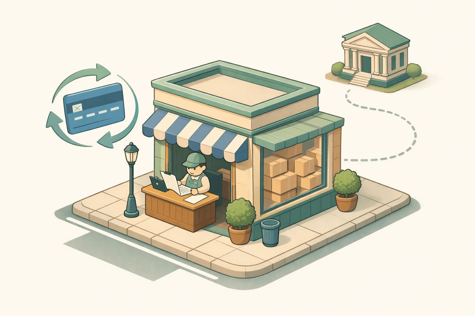 Small business owner reviewing financing documents at a storefront desk with a bank building in the background