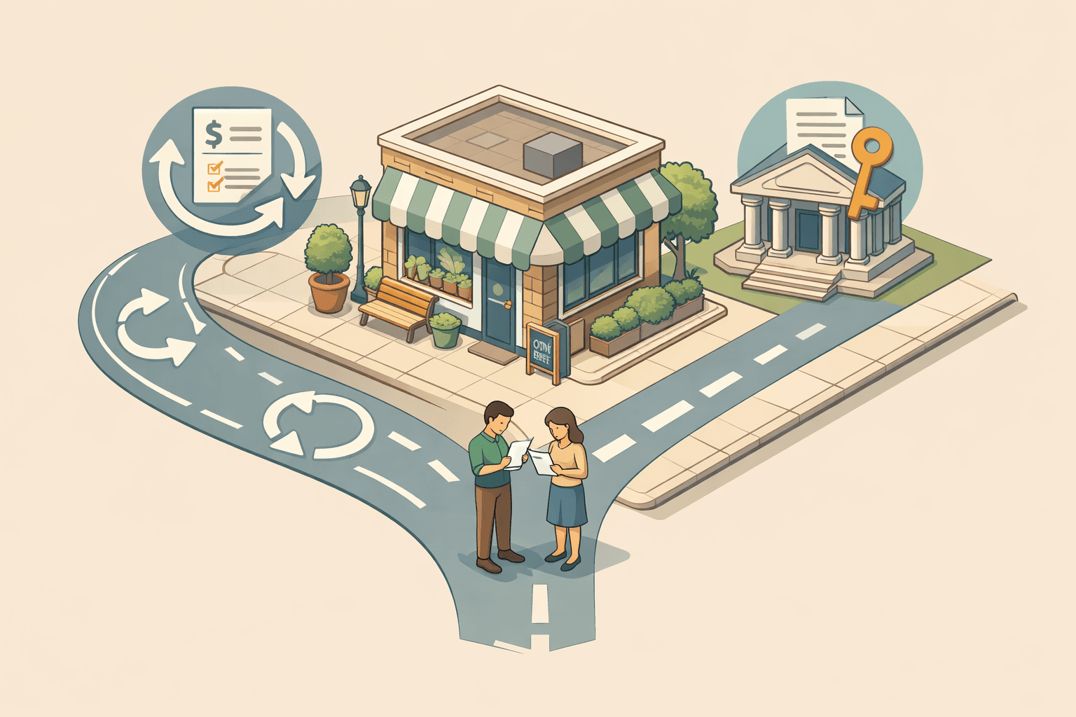 A small business owner standing at a crossroads between a revolving credit option and a bank offering a term loan.