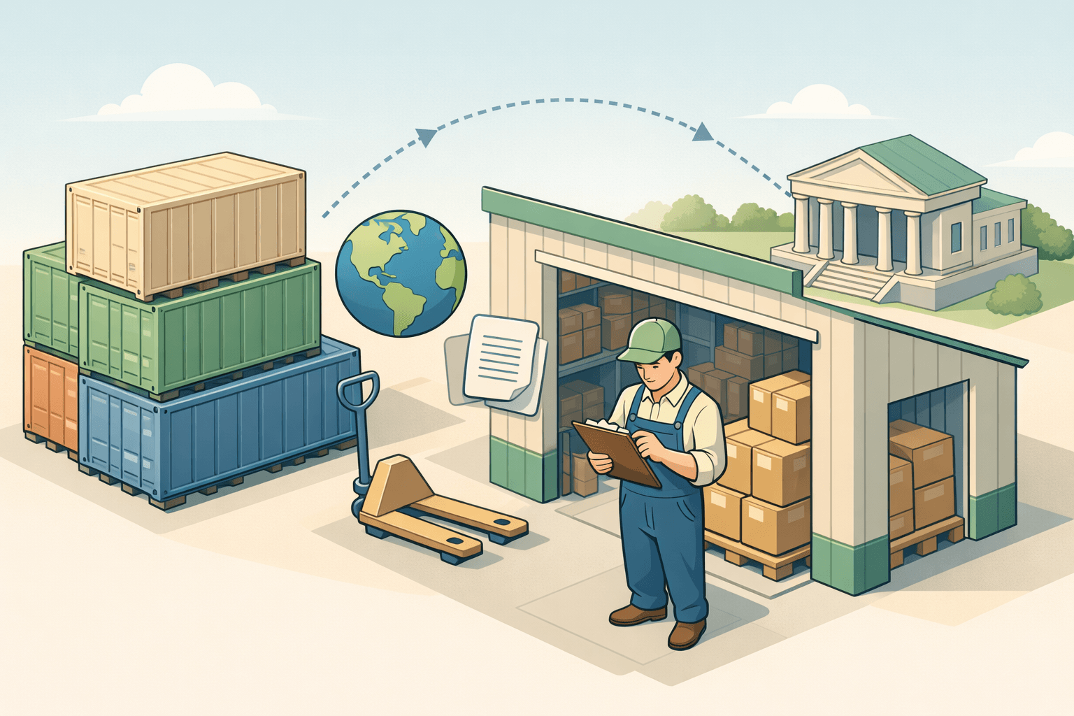Small business owner reviewing import documents in a warehouse with cargo containers and a bank building in the background