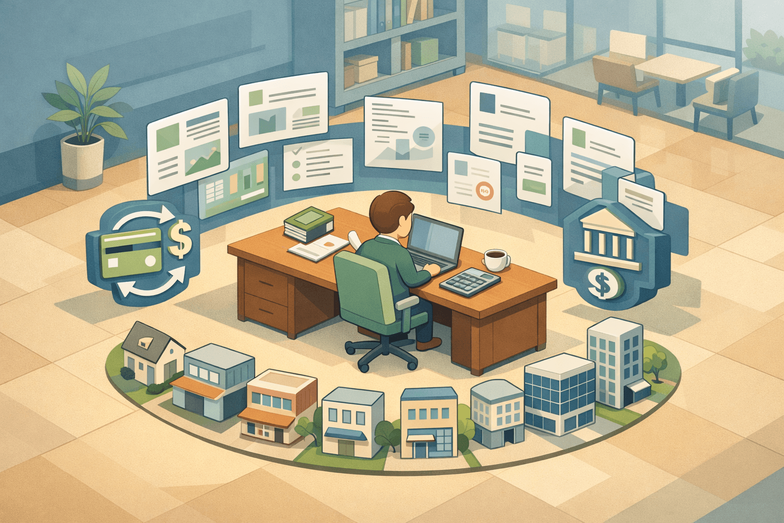 A freelance consultant at a desk surrounded by multiple project documents and financing icons in an isometric office setting.
