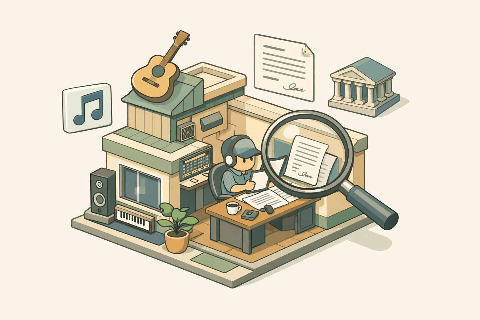 A freelance musician reviewing performance contracts and business loan documents at a small studio desk