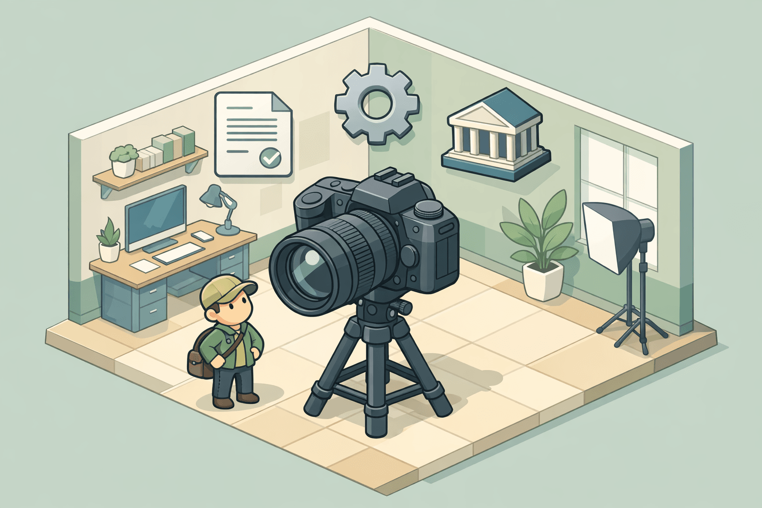 A freelance photographer standing beside professional camera equipment in a small studio, with financing document icons nearby.