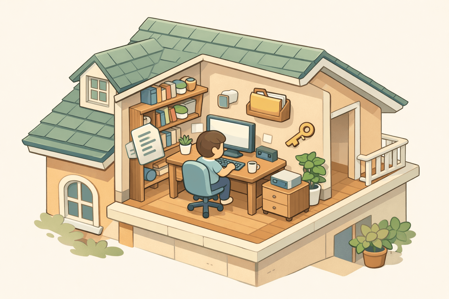 A cozy home office setup inside a house with a desk, monitor, and bookshelves viewed in isometric style