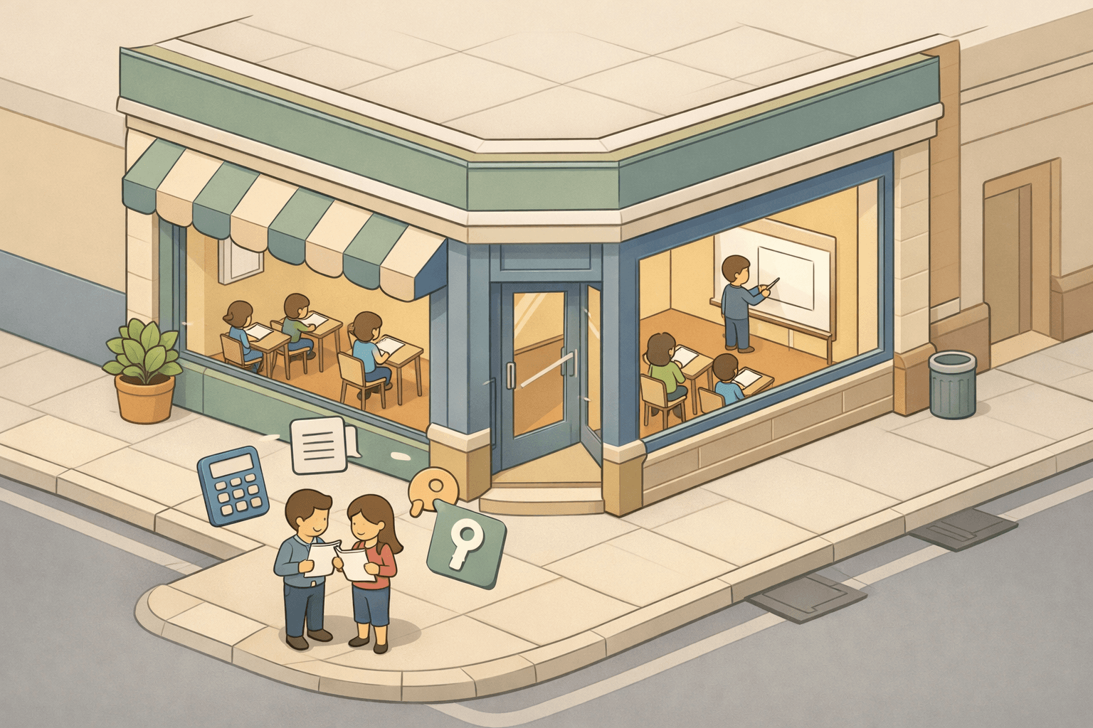 A small tutoring center storefront with students inside and entrepreneurs reviewing loan documents outside